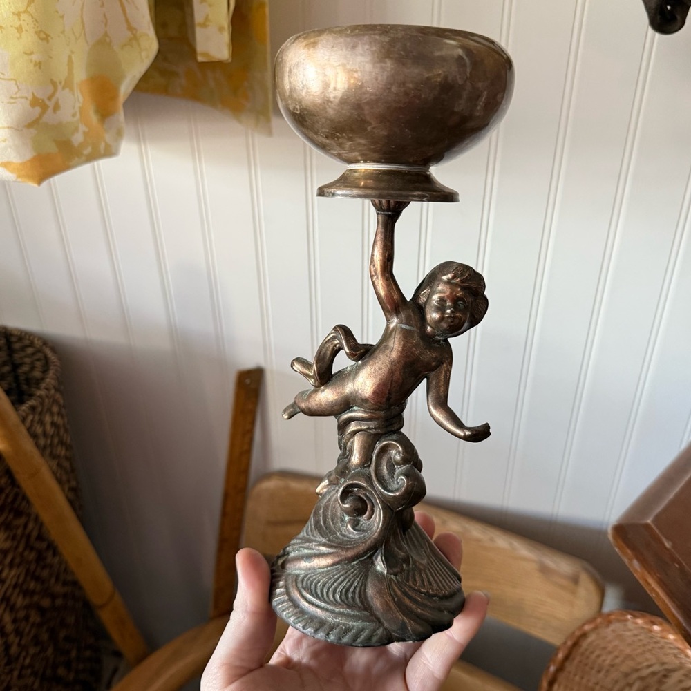 Antique Bronze Cherub Candle Holder